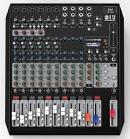 RCF E 12  Микшерный пульт, 6 микрофонных входов + 3 стерео входа, 3 AUX + FX, компрессор на 4-х микрофонных входах, 3-полосн./2-полосн. EQ.